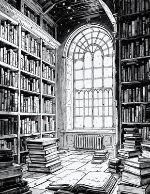 The primary subject of the image is a room filled with bookshelves, containing numerous books. The setting is a library or a study room, with a large window providing natural light. The visual style is a black and white drawing, giving the image a classic and timeless feel. The dominant colors are black, white, and shades of gray, creating a calm and intellectual atmosphere.