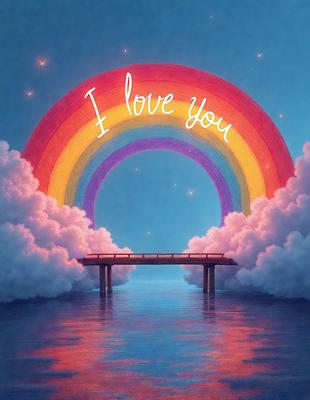 The primary subject of the image is a heart-shaped sign with the words "I love you" written on it. The setting is a beach, with a pier visible in the background. The visual style is digital art, and the colors and mood are warm and inviting.