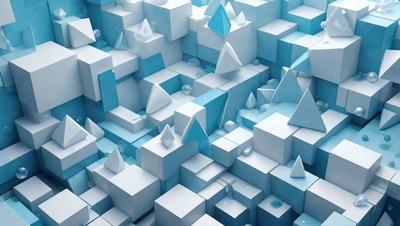 The primary subject of the image is a three-dimensional, blue and white geometric pattern. The setting is a blue and white background, which creates a visually appealing contrast with the pattern. The visual style is a combination of digital art and illustration, showcasing the intricate details of the geometric pattern. The colors and mood of the image are predominantly blue and white, giving it a clean, modern, and sophisticated appearance.