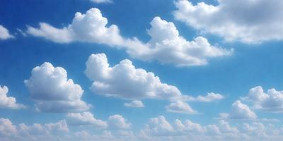 The primary subject of the image is a cloudy blue sky filled with numerous white clouds. The setting is a vast, open sky, and the visual style is a combination of photo and digital art. The clouds are scattered throughout the sky, creating a dynamic and lively atmosphere. The dominant colors are blue and white, with the blue sky providing a calm and serene backdrop for the clouds.
