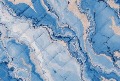 The primary subject of the image is a blue and white marble pattern. The setting is a blue and white marble surface, which serves as the background. The visual style is a close-up of the marble pattern, showcasing its intricate details. The colors and mood of the image are predominantly blue and white, creating a sense of elegance and sophistication.