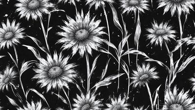 The primary subject of the image is a close-up of a flower, with a focus on its petals and details. The setting is a black background, which contrasts with the flower's vibrant colors. The visual style is a black and white illustration, giving the image a classic and timeless appearance. The dominant colors are white, black, and shades of yellow, creating a sense of elegance and simplicity.