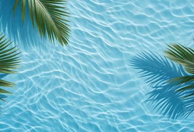 The primary subject of the image is a large body of water, which appears to be a blue ocean. The setting is a tropical environment, with palm trees visible in the background. The visual style is a photo, capturing the natural beauty of the ocean and the surrounding palm trees. The colors and mood of the image are predominantly blue and serene, creating a peaceful and relaxing atmosphere.