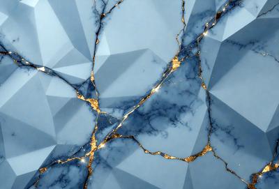 The primary subject of the image is a blue marble wall with gold accents. The setting is a room with a blue and gold marble wall, and the visual style is a photo. The dominant colors are blue and gold, creating a luxurious and elegant atmosphere.