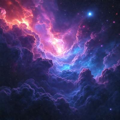 The primary subject of the image is a purple and blue nebula, which is a cloud of gas and dust in space. The setting is a dark, starry sky, with the nebula being the main focus of the image. The visual style is a combination of photo and digital art, creating a vibrant and colorful scene. The dominant colors are purple and blue, giving the image a serene and celestial atmosphere.