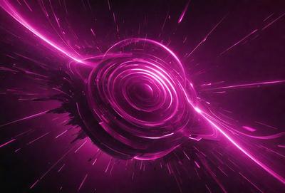 The primary subject of the image is a large, pink, circular object with a spiral pattern. The setting is a dark, purple background, which creates a contrasting and dramatic effect. The visual style appears to be a combination of digital art and illustration, as the object has a futuristic and intricate design. The colors and mood of the image are predominantly pink and purple, giving it a vibrant and unique appearance.