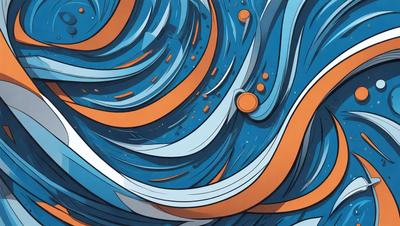The primary subject of the image is a blue and orange wave, which is the main focus of the scene. The setting is a blue ocean, and the visual style is a digital art illustration. The dominant colors in the image are blue and orange, creating a vibrant and energetic atmosphere.