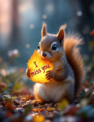 The primary subject of the image is a small brown squirrel holding a leaf with the words "I miss you" written on it. The setting is a forest, with the squirrel standing on a leaf-covered ground. The visual style is a combination of photo and digital art, creating a warm and nostalgic atmosphere. The dominant colors are brown and orange, reflecting the natural environment of the forest.