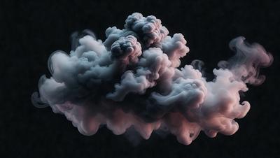 The primary subject of the image is a cloud of smoke, which appears to be a dark, pinkish-purple color. The setting is a black background, which contrasts with the smoke cloud. The visual style is a close-up of the smoke cloud, emphasizing its texture and density. The colors and mood of the image are dramatic and moody, creating a sense of mystery and intensity.