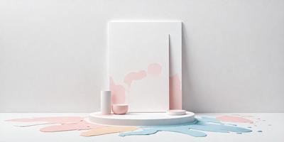 The primary subject of the image is a white picture frame with a pink and blue background. The setting is a white table, and the visual style is a photo. The colors and mood of the image are predominantly pink and blue, creating a calm and serene atmosphere.