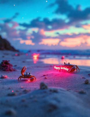 The primary subject of the image is a pair of crabs sitting on a sandy beach. The setting is a beach with a pink sky in the background. The visual style is a photo, and the colors and mood are predominantly pink, creating a warm and inviting atmosphere.