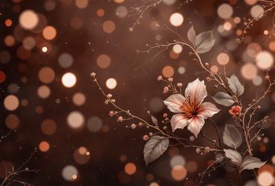 The primary subject of the image is a flower, which is the main object, scene, or focus of the image. The setting/background features a dark, moody atmosphere with a backdrop of a blurry, shiny, and colorful background. The visual style of the image is a combination of photo and digital art, creating a unique and artistic representation of the flower. The colors and mood of the image are predominantly dark and dramatic, with the flower standing out as the main focal point.