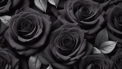The primary subject of the image is a close-up of a bouquet of black roses. The setting is a dark background, which emphasizes the contrast between the black roses and the surrounding darkness. The visual style is a black and white photo, which adds a classic and timeless feel to the image. The dominant colors are black and white, creating a moody and dramatic atmosphere.