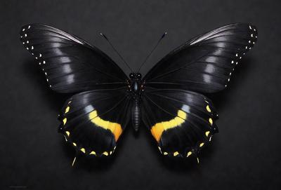 The primary subject of the image is a black and yellow butterfly. The butterfly is prominently displayed in the foreground, with its wings spread wide. The setting is a dark background, which contrasts with the vibrant colors of the butterfly. The visual style of the image is a close-up, showcasing the intricate details of the butterfly's wings. The colors and mood of the image are lively and captivating, with the black and yellow butterfly being