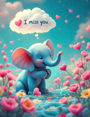 The primary subject of the image is a cute, blue elephant with pink ears and trunk, standing in a field of pink flowers. The setting is a whimsical, colorful environment, likely a digital art or illustration. The visual style is playful and imaginative, with the elephant being the main focus of the scene. The colors and mood are bright, cheerful, and full of love, as the elephant is surrounded by hearts and the flowers are pink.
