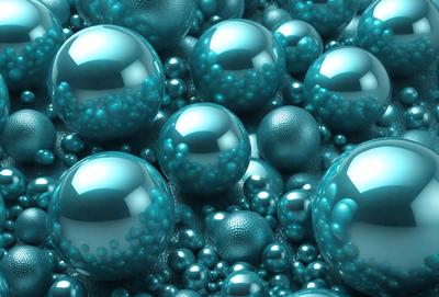 The primary subject of the image is a large collection of blue and silver spheres, which are arranged in a visually appealing manner. The setting is a blue background, which complements the colors of the spheres. The visual style of the image is a combination of photo and digital art, creating a unique and eye-catching pattern. The dominant colors in the image are blue and silver, giving the scene a calm and serene atmosphere.