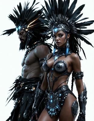 The image features a woman wearing a costume with a headdress, standing next to a man in a similar outfit. Both of them are wearing headpieces, and the woman is also wearing a necklace. The woman appears to be looking at the camera, while the man is looking away. The scene is set against a white background, giving the image a clean and minimalist appearance. The visual style is digital art, as the characters are depicted in a stylized manner. The colors and mood of the