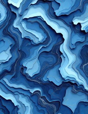 The primary subject of the image is a blue and white patterned surface, which appears to be a textured or patterned fabric. The setting is a close-up of the fabric, showcasing its intricate design. The visual style is a combination of a photo and digital art, as the image is a close-up of the fabric, and the colors and mood are predominantly blue and white, creating a calm and serene atmosphere.