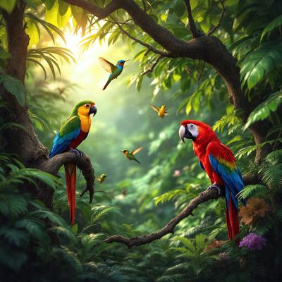 The primary subject of the image is a group of colorful birds, including parrots, perched on a tree branch. The setting is a lush green forest, with the birds surrounded by a variety of plants and trees. The visual style is a digital art or illustration, creating a vibrant and lively atmosphere. The colors and mood of the image are predominantly green and bright, reflecting the natural beauty of the forest.