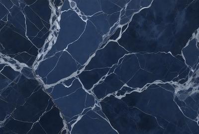 The primary subject of the image is a blue marble wall with a pattern of white and black swirls. The setting is a room with a blue background, and the visual style appears to be a combination of a photo and digital art. The dominant colors are blue and white, creating a calm and serene atmosphere.