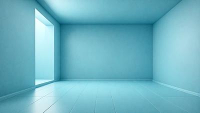 The primary subject of the image is a large, empty room with a blue wall. The setting is a white room with a blue wall, and the visual style is a photo. The colors and mood of the image are predominantly blue, creating a calm and serene atmosphere.