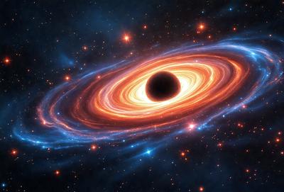 The primary subject of the image is a large, open, and brightly colored black hole. The setting is a space filled with stars, creating a vibrant and dynamic backdrop. The visual style is a combination of photo and digital art, as the image is a close-up of the black hole with a vivid and detailed appearance. The colors and mood of the image are predominantly dark and dramatic, with the black hole being the central focus and the stars surrounding it adding to the overall atmosphere.