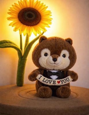The primary subject of the image is a brown teddy bear. The setting is a room with a couch and a potted plant. The visual style is a photo, and the colors and mood are warm and inviting.