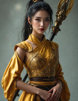 The primary subject of the image is a woman dressed in a yellow and gold outfit, holding a gold staff. She is standing in front of a gray background. The visual style of the image is a photo, and the colors and mood are warm and vibrant.