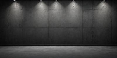 The primary subject of the image is a large, empty room with a cement wall. The setting is a dark room with a single light source, creating a moody atmosphere. The visual style is a black and white photo, which adds to the dramatic and artistic feel of the scene. The colors and mood are predominantly dark and somber, with the light source being the only source of illumination in the room.