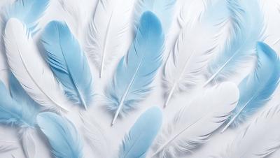 The primary subject of the image is a collection of blue and white feathers. The feathers are arranged in various positions, creating a visually appealing and artistic display. The setting is a white background, which provides a clean and uncluttered environment for the feathers to stand out. The visual style of the image is a combination of photo and digital art, as the feathers are captured in a detailed and realistic manner. The colors and mood of the image are predominantly blue and white, giving it a calm