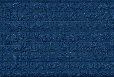 The primary subject of the image is a blue wall with a pattern of small rocks or bumps on it. The setting is indoors, and the visual style appears to be a digital art or illustration. The dominant colors are blue and black, creating a cool and modern atmosphere.