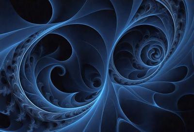 The primary subject of the image is a spiral pattern, which is a blue and white design. The setting is a dark background, which contrasts with the spiral pattern. The visual style is a digital art or illustration, as the spiral pattern appears to be a part of a larger design. The colors and mood of the image are predominantly blue and white, creating a sense of calmness and elegance.