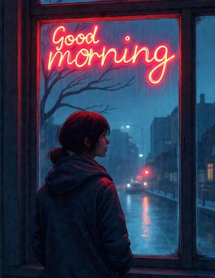 The primary subject of the image is a woman standing on a street, looking out into the rain. She is wearing a hooded jacket and has a ponytail. The setting is a rainy city street with a red neon sign in the background. The visual style is a digital art illustration, and the colors and mood are dark and moody, with the red neon sign adding a touch of brightness to the scene.