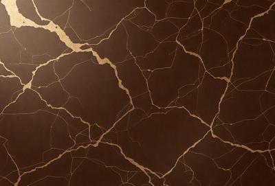 The primary subject of the image is a close-up of a brown leather surface with a pattern of cracks and holes. The setting is a room with a brown wall, and the visual style appears to be a photo. The dominant colors are brown and black, creating a moody atmosphere.