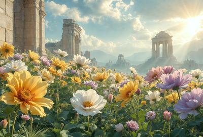 The primary subject of the image is a field filled with a variety of flowers, including yellow, white, and purple ones. The setting is a beautiful landscape with a mountain in the background. The visual style of the image is a photo, capturing the vibrant colors and natural beauty of the flowers. The colors and mood of the image are lively and cheerful, with the flowers creating a sense of warmth and happiness.