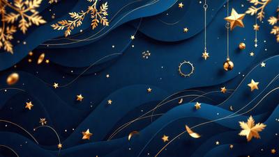 The primary subject of the image is a beautifully illustrated scene of a night sky with stars, a moon, and a clock. The setting is a blue background, which adds to the serene and peaceful atmosphere of the scene. The visual style is a combination of digital art and illustration, creating a stunning and intricate design. The colors and mood are predominantly blue and gold, giving the image a warm and inviting feel.