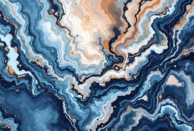 The primary subject of the image is a blue and white marbled stone. The setting is a close-up of the stone, showcasing its intricate patterns and textures. The visual style is a combination of a photo and digital art, as the image appears to be a close-up of a natural stone, yet the colors and patterns are enhanced by digital manipulation. The dominant colors are blue and white, creating a serene and calming atmosphere.