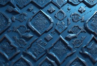 The primary subject of the image is a blue tile with various designs on it. The tile is part of a larger blue wall, which serves as the setting. The visual style of the image is a combination of digital art and illustration, creating a unique and intricate pattern. The dominant colors in the image are blue and grey, giving the scene a calm and sophisticated atmosphere.