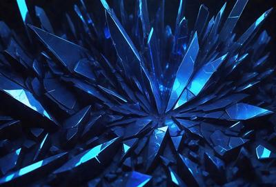 The primary subject of the image is a large, blue crystal structure. The setting is a dark, possibly underground environment, with the crystal structure as the main focus. The visual style appears to be a combination of digital art and illustration, creating a unique and intriguing appearance. The dominant colors are blue and black, giving the image a mysterious and captivating mood.