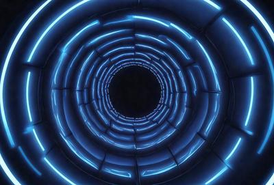The primary subject of the image is a large, round, blue light in the center of a tunnel. The tunnel appears to be made of metal, and the light is illuminating the space. The setting is a dark, enclosed tunnel, and the visual style is a combination of a photo and digital art. The colors and mood of the image are predominantly blue, creating a sense of depth and mystery.