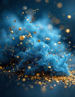 The primary subject of the image is a blue, sparkling, and shimmering substance, which appears to be a blue powder or a blue-colored object. The setting is a dark blue background, which contrasts with the blue substance. The visual style of the image is a close-up of the blue substance, showcasing its unique texture and appearance. The colors and mood of the image are predominantly dark blue and blue, with a hint of sparkling gold, creating a sense of depth and