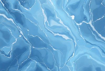 The primary subject of the image is a blue and white patterned surface, which appears to be a water-like texture. The setting is a blue ocean, and the visual style is a combination of digital art and illustration. The dominant colors are blue and white, creating a calm and serene atmosphere.