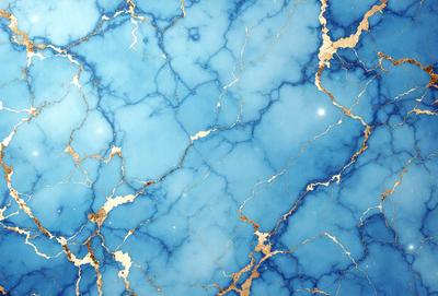 The primary subject of the image is a blue marble wall with gold accents. The setting is a room with a blue marble wall as the main focus. The visual style is a combination of a photo and digital art, creating a unique and intricate design. The dominant colors are blue and gold, giving the wall a luxurious and elegant appearance.