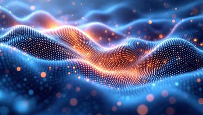 The primary subject of the image is a blue and orange patterned background, which appears to be a digital art or illustration. The setting is a blue and orange ocean, with a few sparkling lights in the background. The visual style is a combination of digital art and illustration, creating a vibrant and dynamic scene. The colors and mood of the image are energetic and lively, with the blue and orange hues evoking a sense of depth and movement.