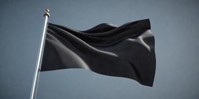 The primary subject of the image is a black flag or cloth, which is flying in the sky. The setting is a clear blue sky, providing a contrasting background for the flag. The visual style of the image is a painting, which gives it a more artistic and detailed appearance. The dominant colors in the image are black and blue, creating a sense of depth and contrast.