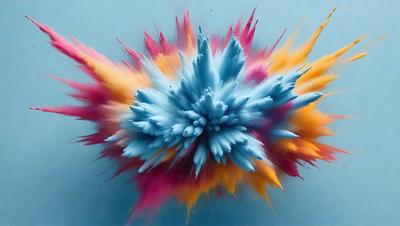 The primary subject of the image is a vibrant, colorful, and abstract artwork. The setting is a blue background, which contrasts with the artwork's bright colors. The visual style appears to be a combination of digital art and illustration, creating a unique and eye-catching piece. The dominant colors in the artwork are blue, pink, yellow, and orange, which contribute to a lively and energetic atmosphere.