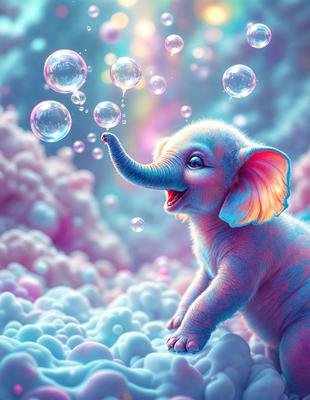 The primary subject of the image is a baby elephant with a trunk in its mouth. The setting is a colorful, cloudy sky, and the visual style is a digital art or illustration. The colors and mood of the image are vibrant and cheerful, with a sense of playfulness and innocence.