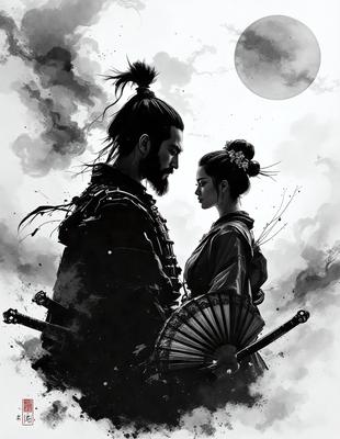 The primary subject of the image is a man and a woman standing close to each other. The man is wearing a black outfit, and the woman is wearing a white dress. They are both holding swords, which suggests that they might be involved in a battle or a martial arts practice.

The setting of the image is a dark, cloudy sky, which adds to the dramatic atmosphere of the scene. The visual style of the image is a black and white illustration, giving it a classic and timeless appearance