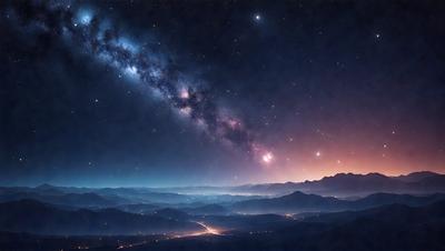 The primary subject of the image is a beautiful night sky filled with stars. The setting is a mountainous area, with the mountains visible in the background. The visual style is a combination of a photo and digital art, creating a stunning and realistic representation of the night sky. The colors and mood of the image are predominantly dark and serene, with the stars and mountains creating a sense of awe and wonder.