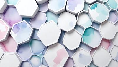The primary subject of the image is a wall covered with a pattern of hexagonal shapes. The setting is a room with a blue and white color scheme. The visual style is a combination of digital art and illustration. The dominant colors are blue and white, creating a calm and soothing atmosphere.